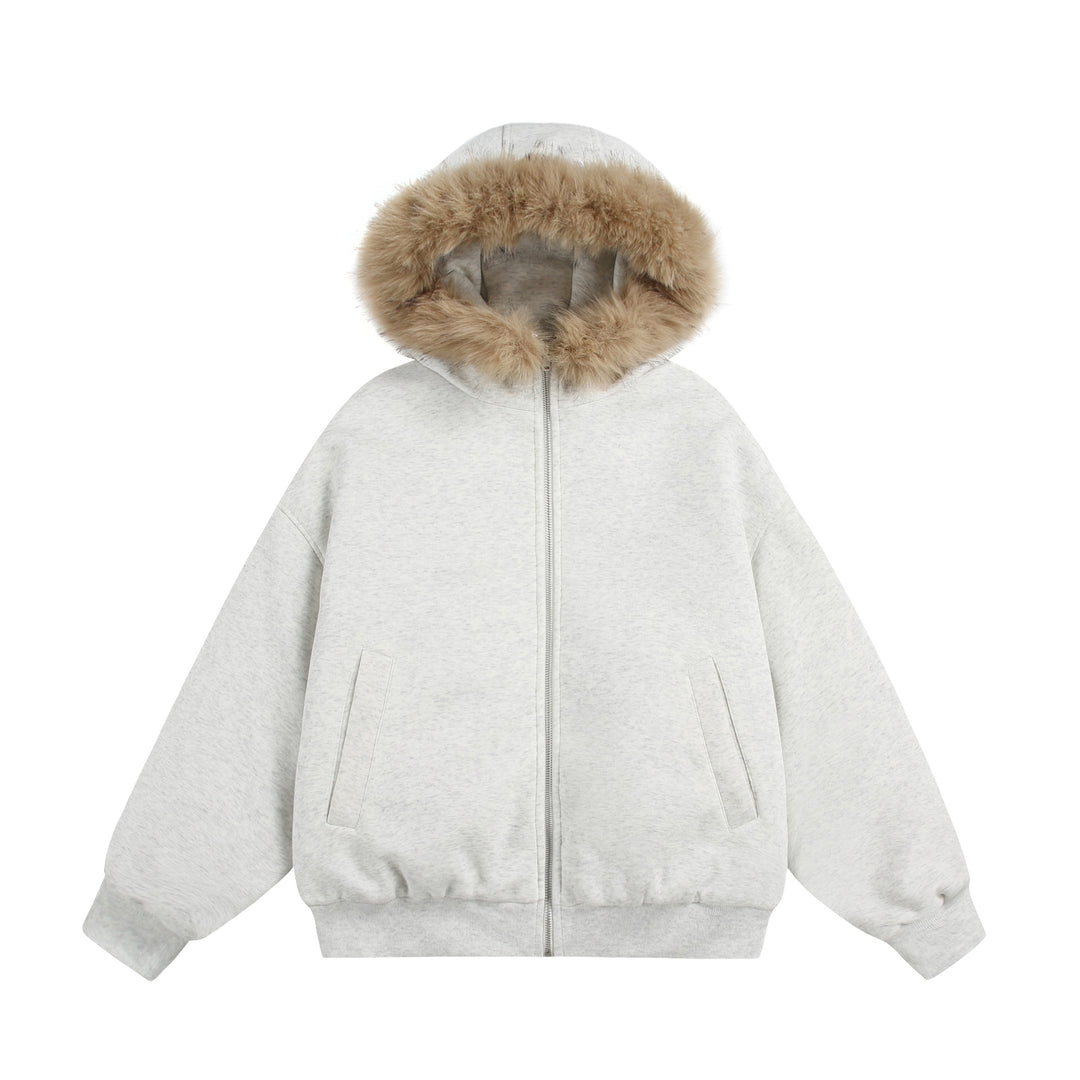 Damen Kurzboxy Kapuzenblouson aus French‑Terry mit voluminöser Kunstfellkante Nord Taschen