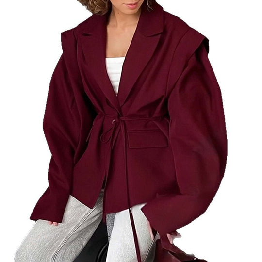 Damen Taillierter Wickelblazer mit Schulterpolstern und Bindegürtel Nord Taschen