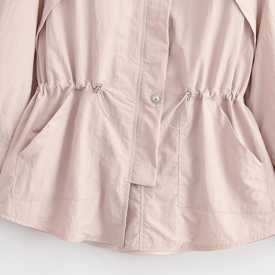 Damen Leichte taillierende Übergangsjacke mit Tunnelzug Ballonärmeln und Stehkragen Nord Taschen
