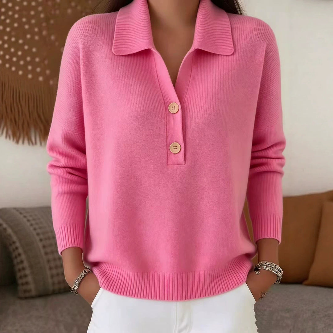 Damen lässiger Feinstrickpullover mit Polokragen und Zwei-Knopf-Leiste Nord Taschen