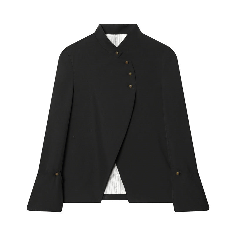 Damen Asymmetrische Blusenjacke mit Stehkragen und ausgestellten Manschetten Nord Taschen