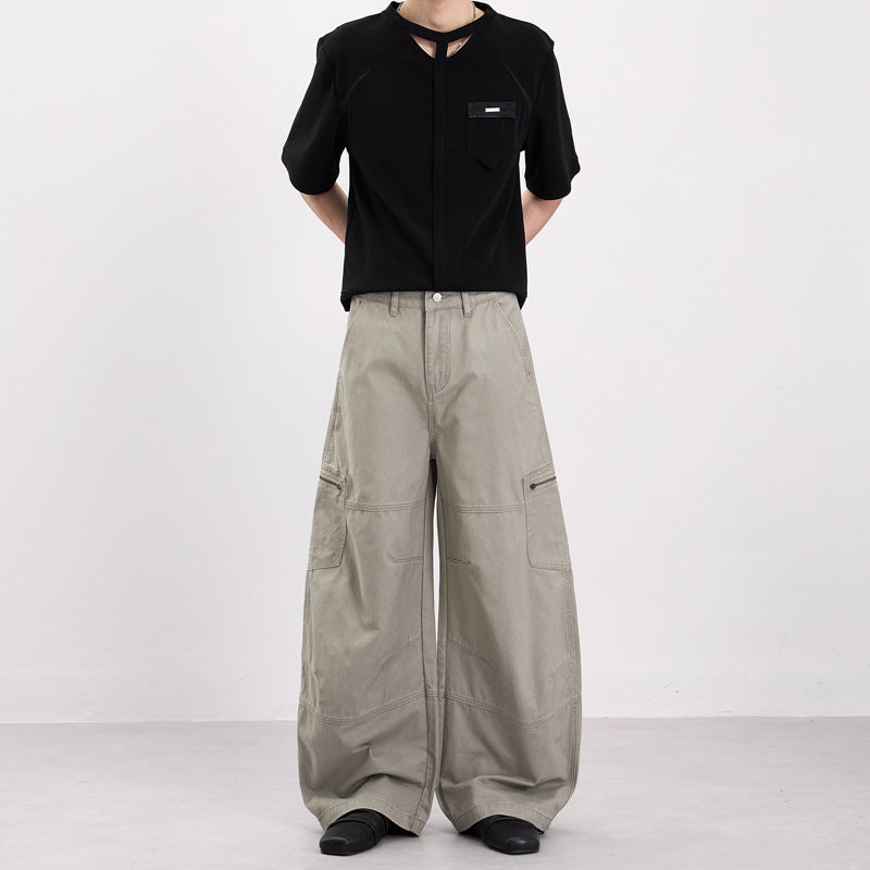 Herren Weite Twill-Palazzo-Cargohose mit tiefem Schritt, Knieabnähern und Utility-Taschen Nord Taschen