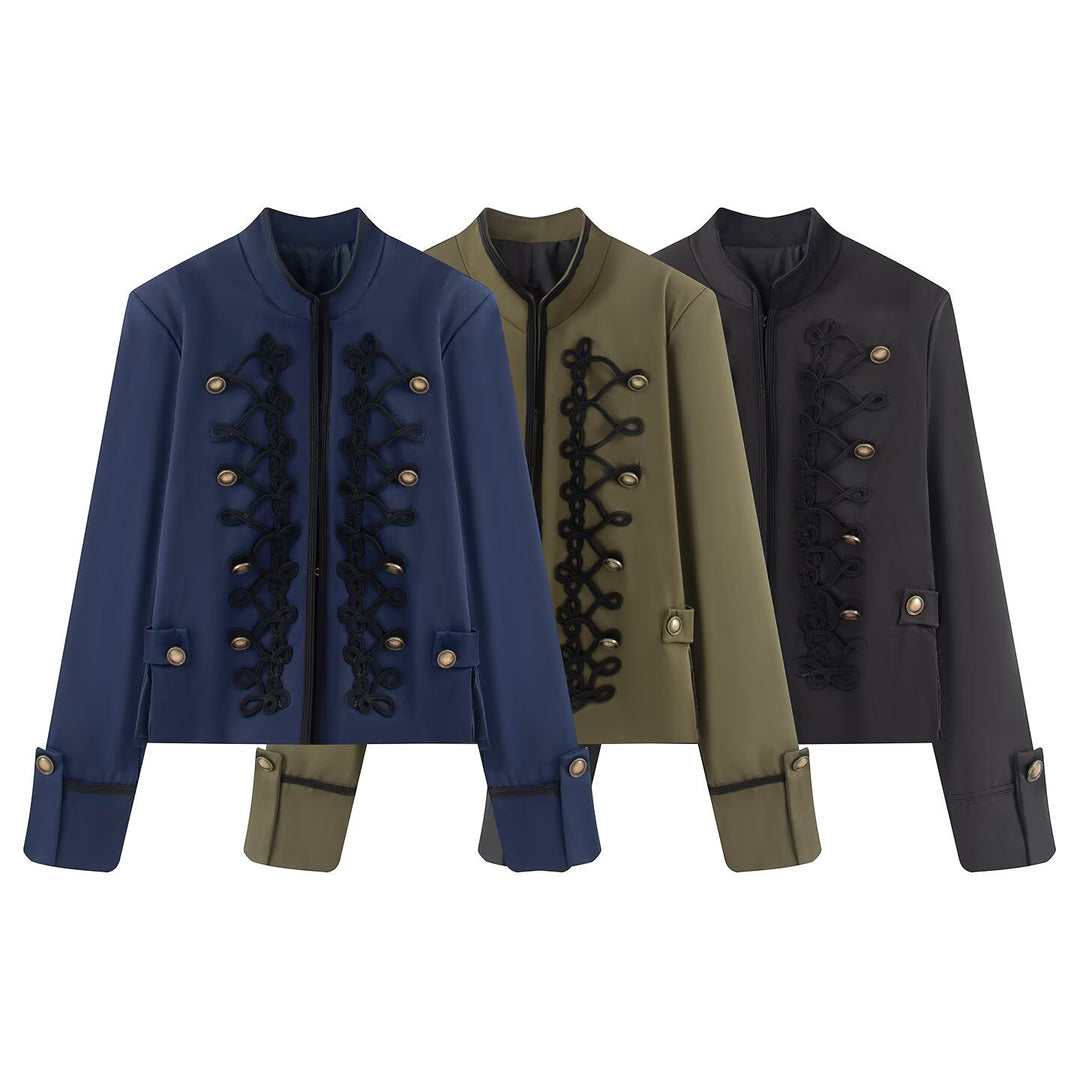 Damen Kurzjacke im Militärestil mit Stehkragen Kordverzierung und Zierknöpfen Nord Taschen