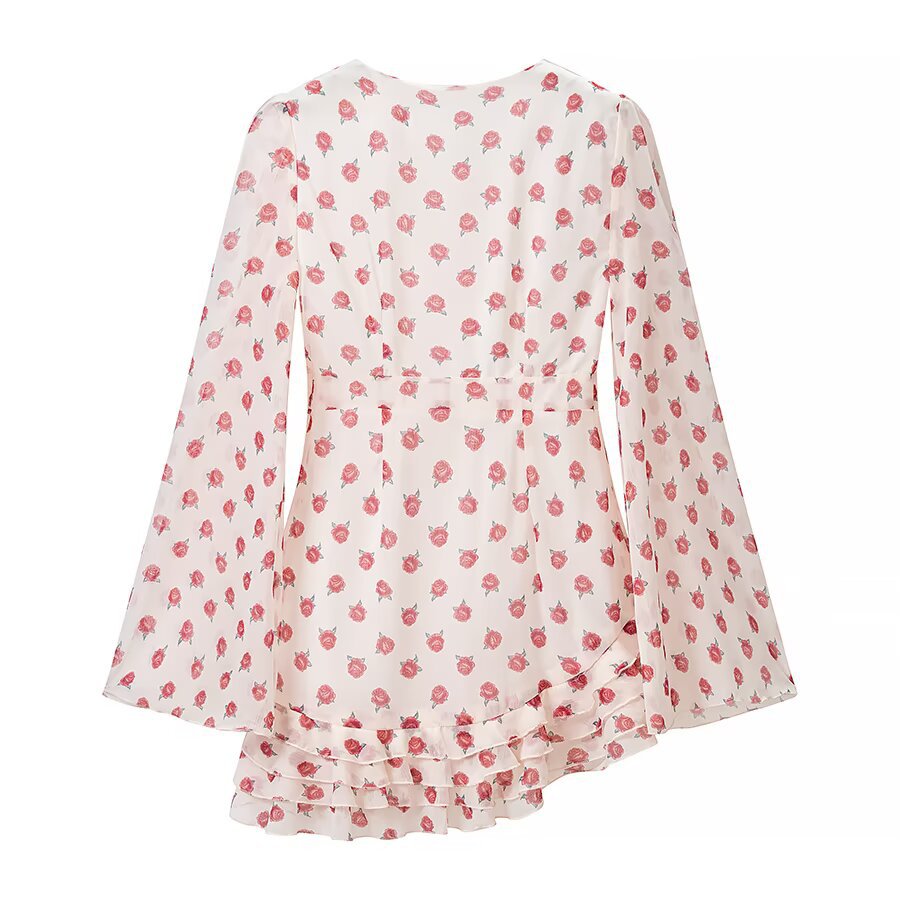 Damen Fließende Chiffonbluse mit floralem Print, tiefem V-Ausschnitt und Volantstufen Nord Taschen