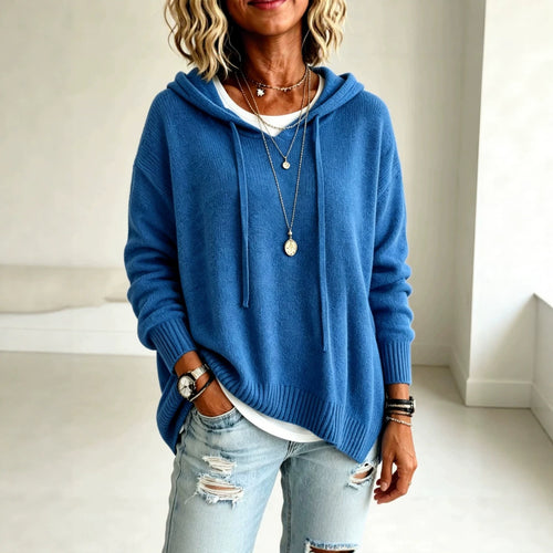 Damen Oversize-Kapuzensweater aus feinem Strick mit gerippten Bündchen Nord Taschen