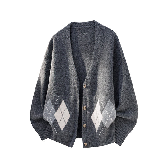Damen Oversized Strickcardigan mit Argyle-Muster und V-Ausschnitt Nord Taschen