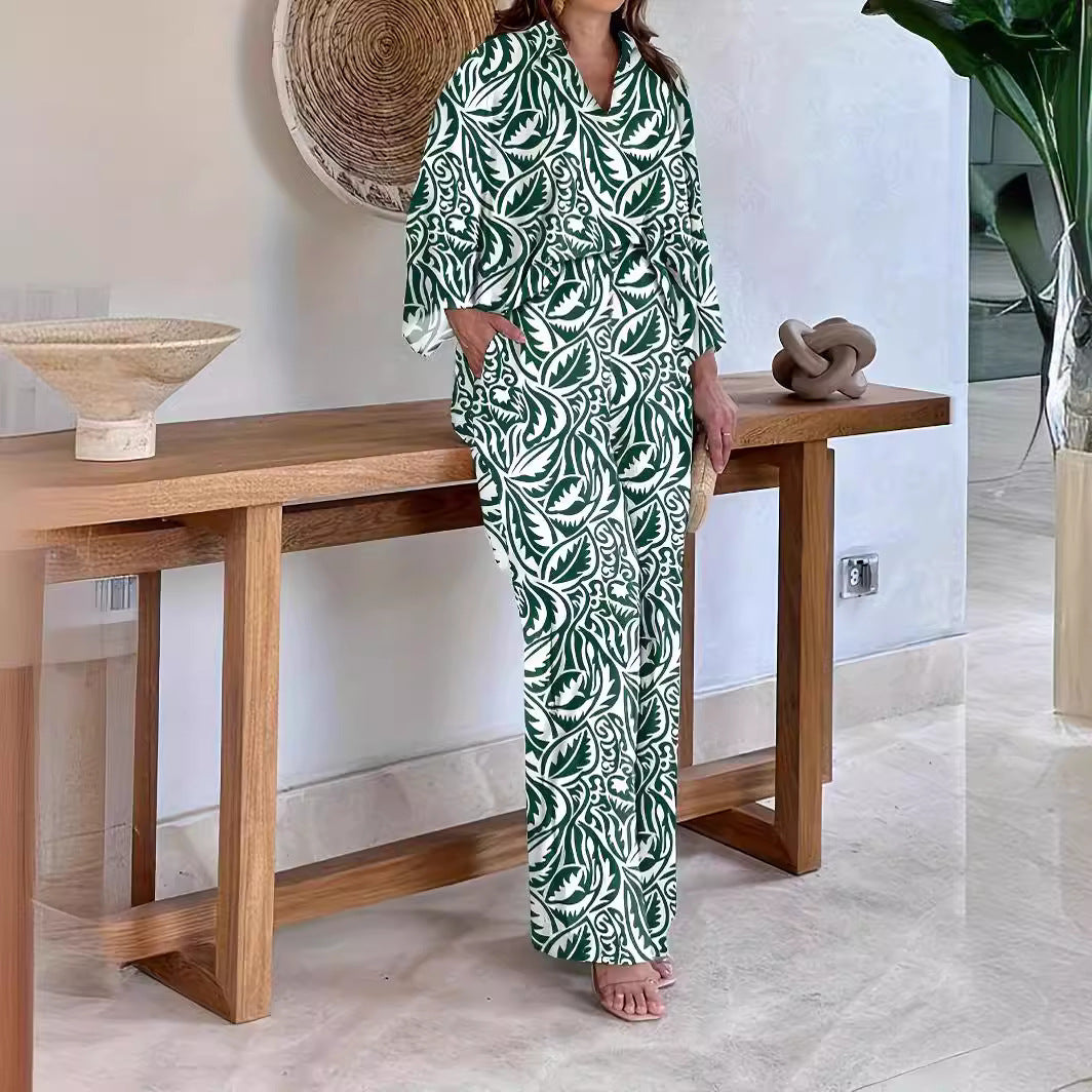 Damen Gemustertes Kimono-Lounge-Set mit weitem Palazzohose aus leichtem Viskose-Mix Nord Taschen