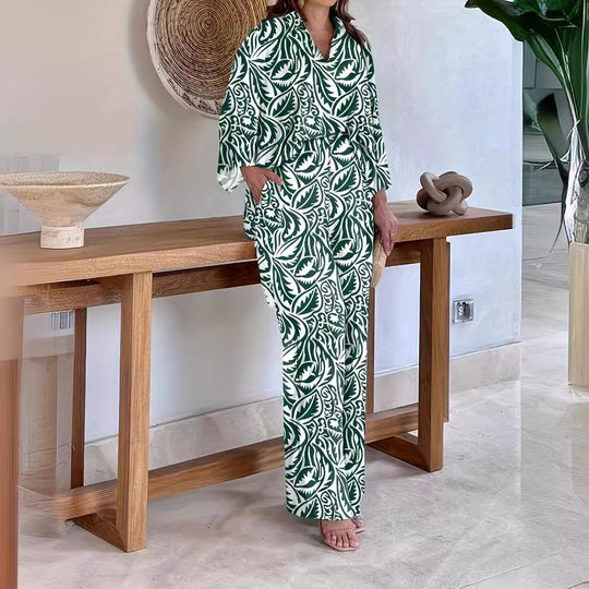 Damen Gemustertes Kimono-Lounge-Set mit weitem Palazzohose aus leichtem Viskose-Mix Nord Taschen