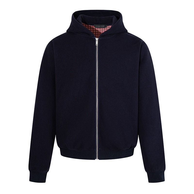 Herren Kapuzen‑Sweatjacke mit karierter Kapuzenfütterung, Metallreißverschluss und geripptem Saum Nord Taschen