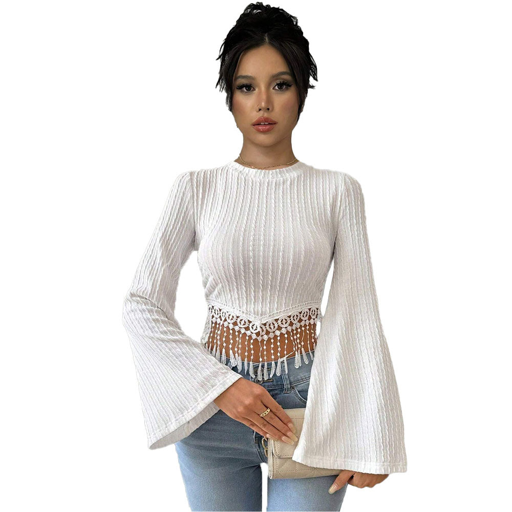 Damen gehäkeltes Spitzen-Crop-Top mit ausgestellten Trompetenärmeln und Häkelfransen Nord Taschen