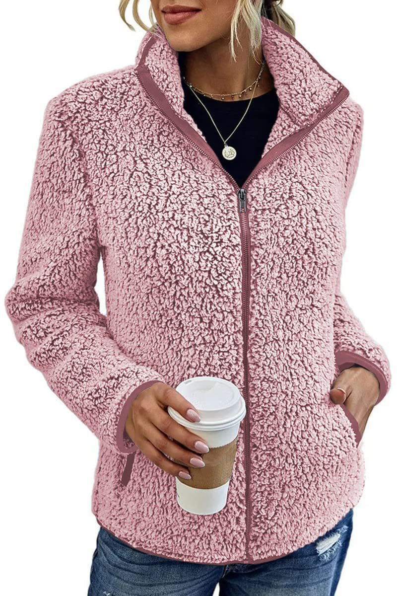 Damen kuschelige Teddy-Fleecejacke mit Stehkragen und Reißverschluss Nord Taschen