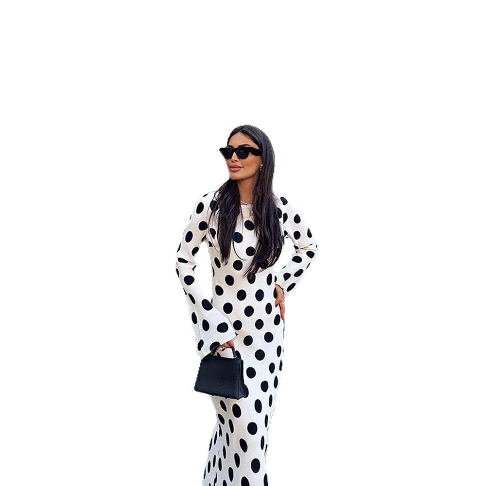Damen Figurbetontes Polka-Dot Maxikleid mit Trompetenärmeln & Rundhalsausschnitt Nord Taschen