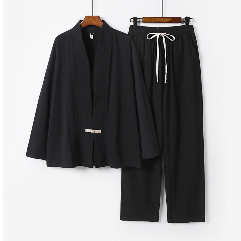 Herren Zen-inspiriertes Kimono-Loungewear-Set aus leichter Baumwollmischung mit offenem Schnitt und Kordelbundhose Nord Taschen