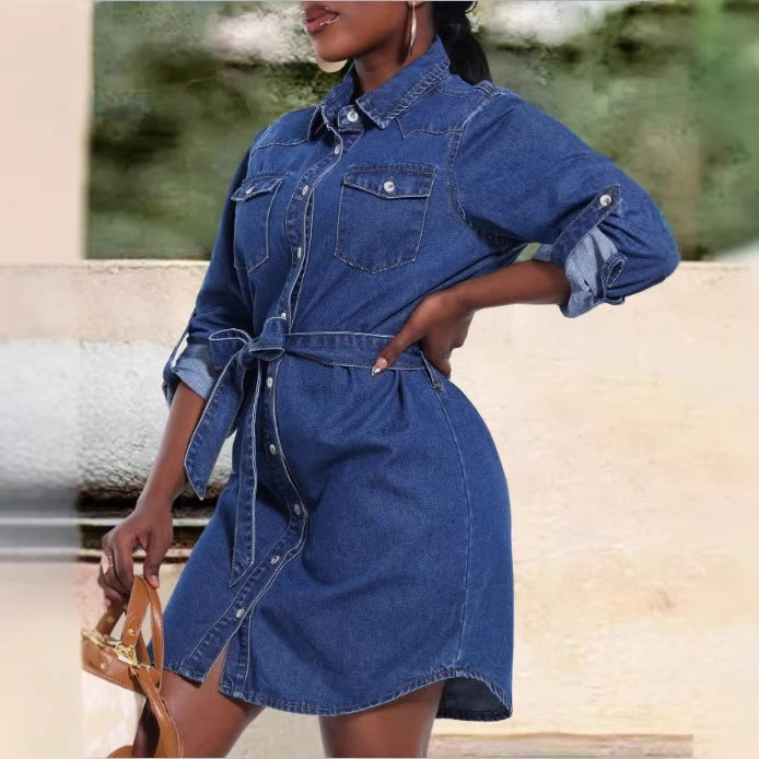 Damen Denim-Hemdblusenkleid mit Taillengürtel und aufgesetzten Brusttaschen Nord Taschen