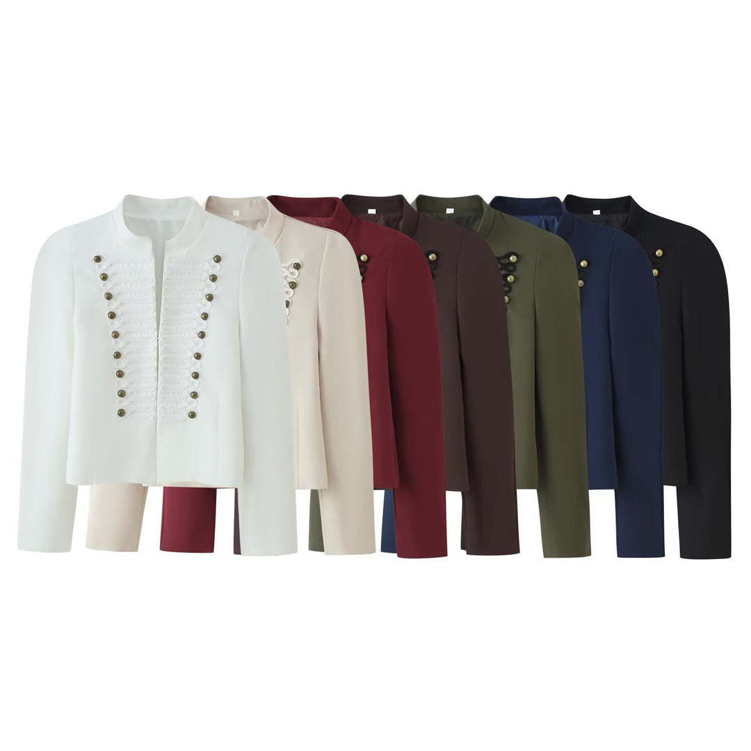 Damen Cropped‑Blazer im Militärstil mit Stehkragen und Zierkordierungen Nord Taschen