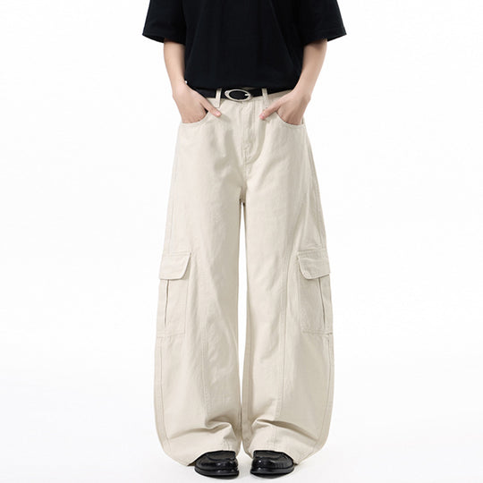 Damen Extraweite Hochtaillierte Cargo-Palazzo-Hose aus Baumwoll-Twill mit Pattentaschen Nord Taschen