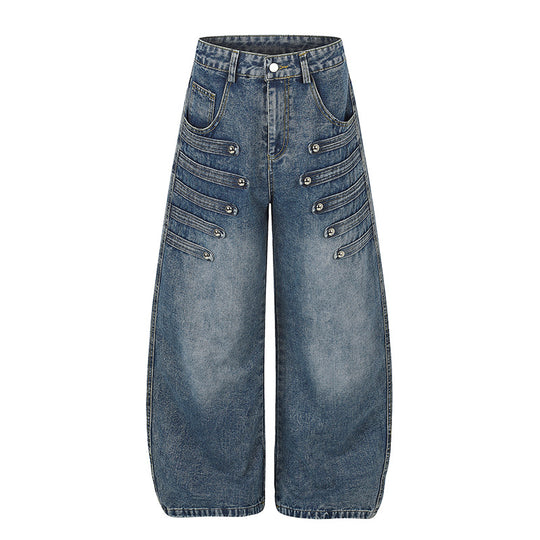 Damen Weite Denim-Palazzo-Jeans mit dekorischen Riegelnähten und Zierknopf-Details Nord Taschen