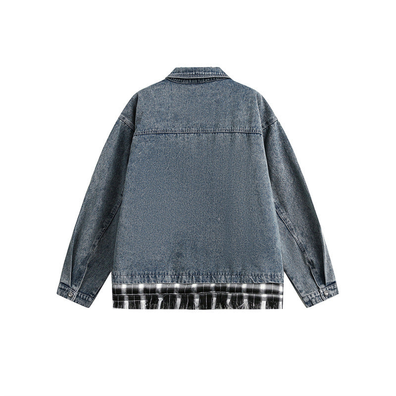 Unisex Kastig geschnittener Denim-Blouson im Lagenlook mit karierter Innenlage Nord Taschen