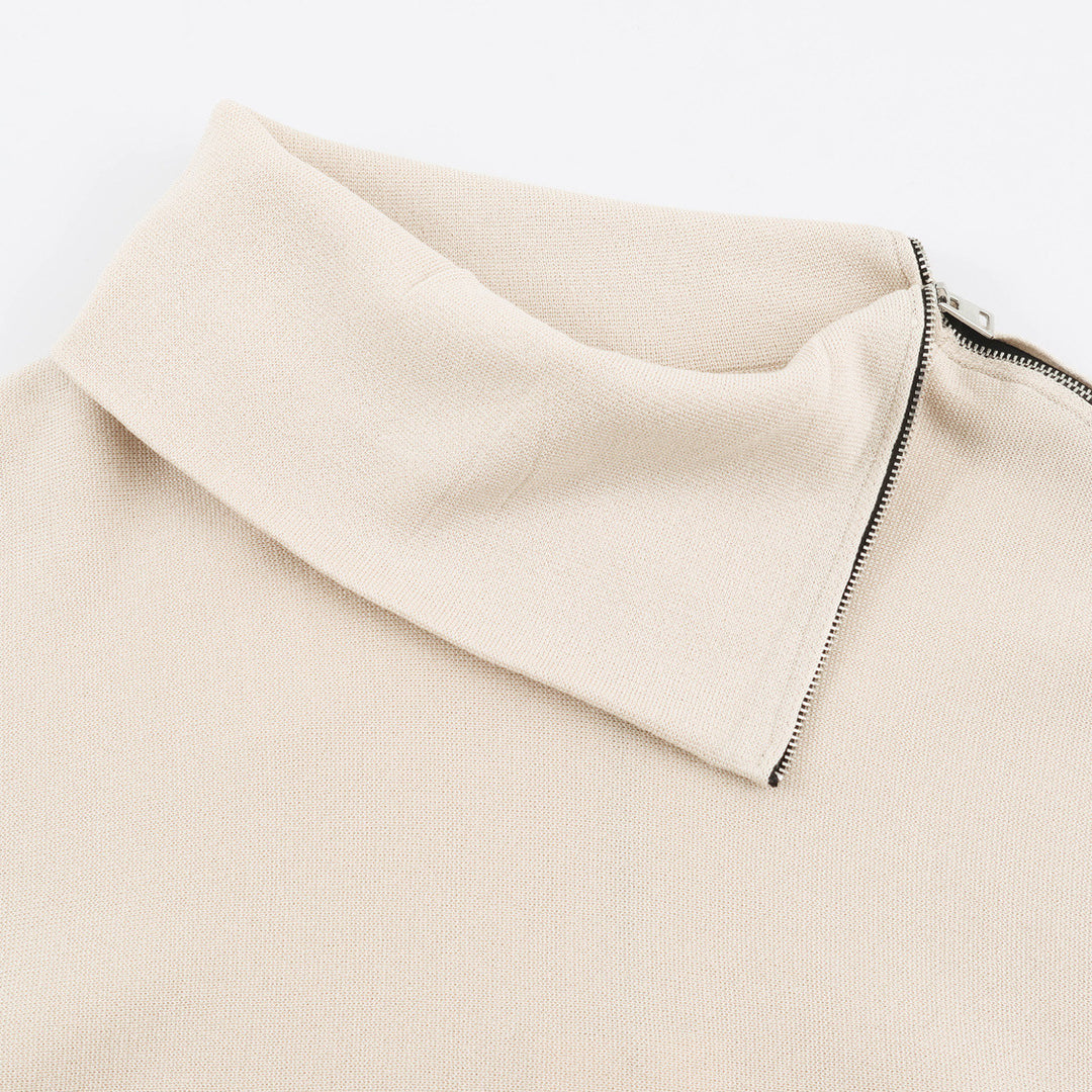 Damen Asymmetrischer Feinstrick-Pullover mit Schalkragen, Schulterreißverschluss und Zipper-Ärmel Nord Taschen