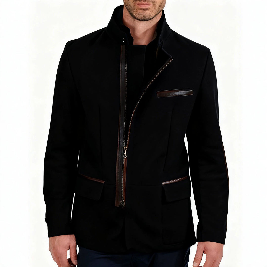 Herren Veloursleder-Fieldjacke im Fliegerstil mit Stehkragen, asymmetrischem beidseitig öffnendem Reißverschluss und kontrastierenden Lederbesätzen Nord Taschen