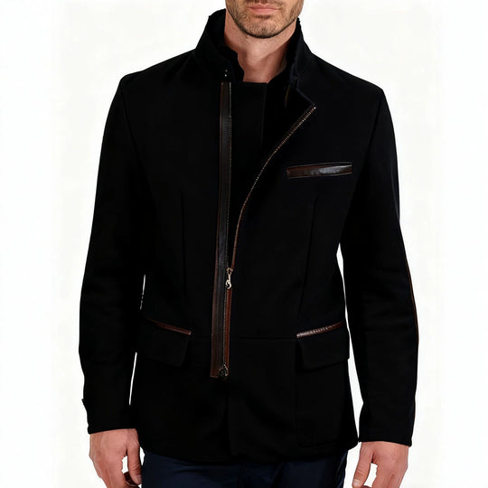 Herren Veloursleder-Fieldjacke im Fliegerstil mit Stehkragen, asymmetrischem beidseitig öffnendem Reißverschluss und kontrastierenden Lederbesätzen Nord Taschen