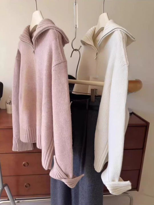 Damen Oversize Feinstrickpullover mit halbem Reißverschluss und weitem Rollkragen Nord Taschen