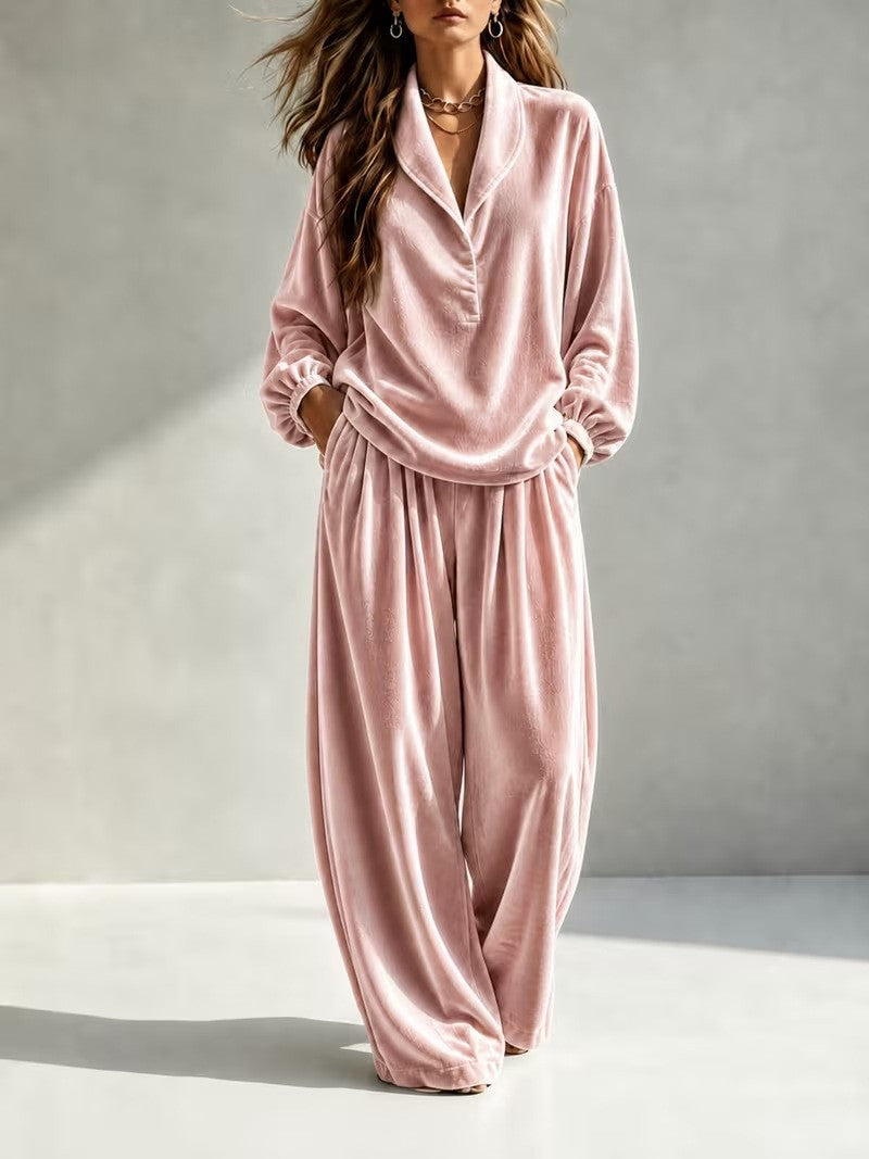 Damen Luxuriöses Velours-Loungewear-Set mit Schalkragen und weiter Palazzo-Hose Nord Taschen