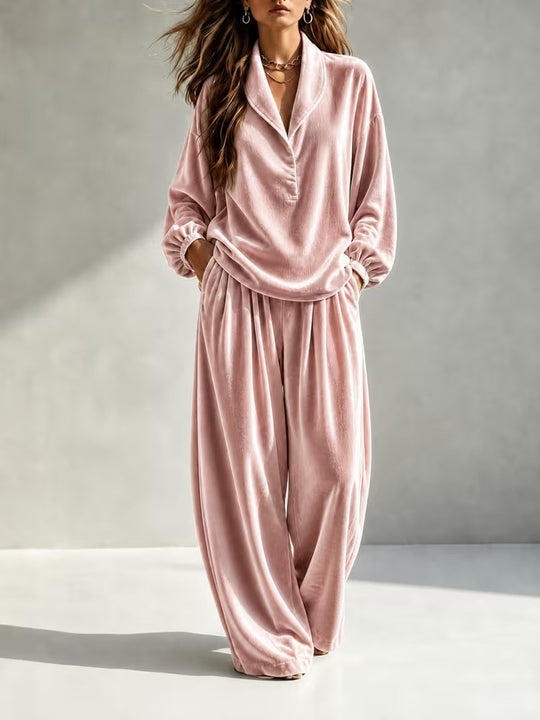 Damen Luxuriöses Velours-Loungewear-Set mit Schalkragen und weiter Palazzo-Hose Nord Taschen