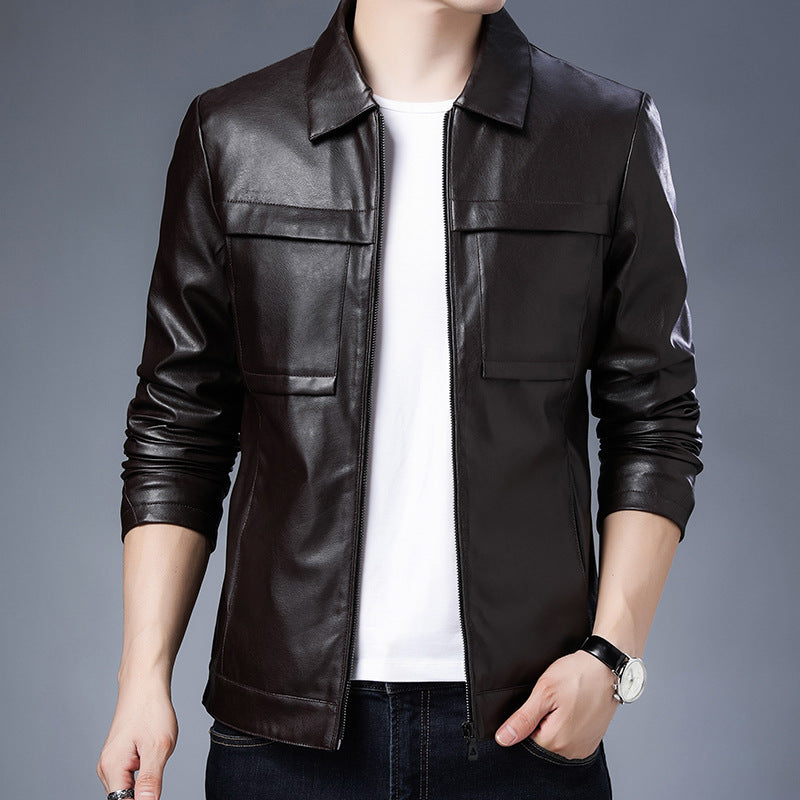 Herren Slim‑Fit Lederoptik-Truckerjacke mit Hemdkragen, verdecktem Reißverschluss und Pattentaschen Nord Taschen