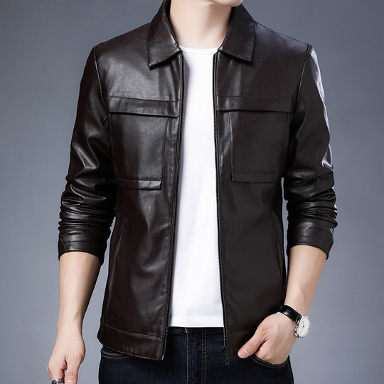 Herren Slim‑Fit Lederoptik-Truckerjacke mit Hemdkragen, verdecktem Reißverschluss und Pattentaschen Nord Taschen