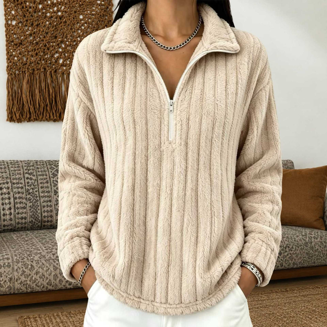 Damen Kuscheliger Plüsch-Halfzip-Pullover mit Stehkragen Nord Taschen