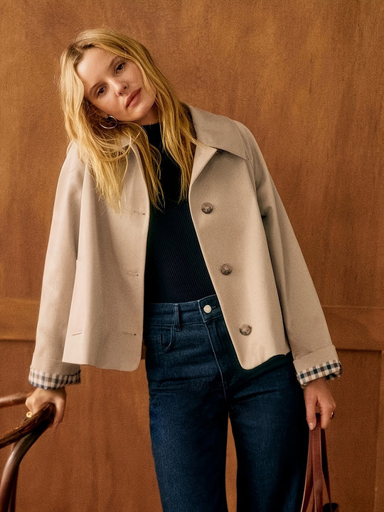 Damen Boxy-Shortcoat mit übergroßem Revers und Karomanschetten Nord Taschen
