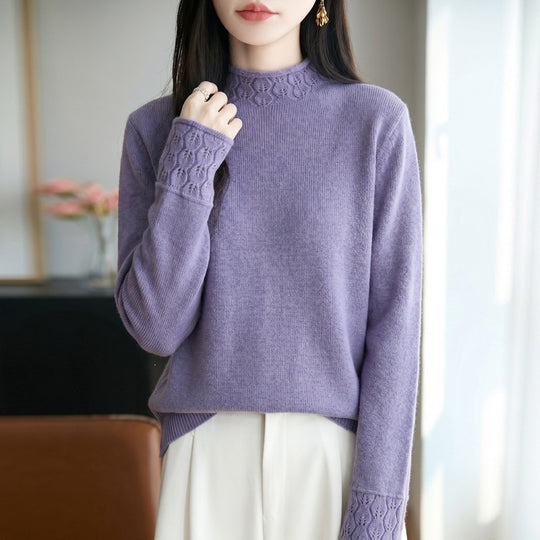 Damen Mockneck-Feinstrickpullover mit Ajour-Detail an Kragen und Bündchen Nord Taschen