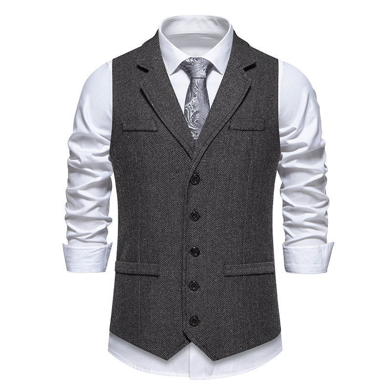 Herren Tweed-Weste mit Fischgrätmuster, Reverskragen und Pattentaschen Nord Taschen