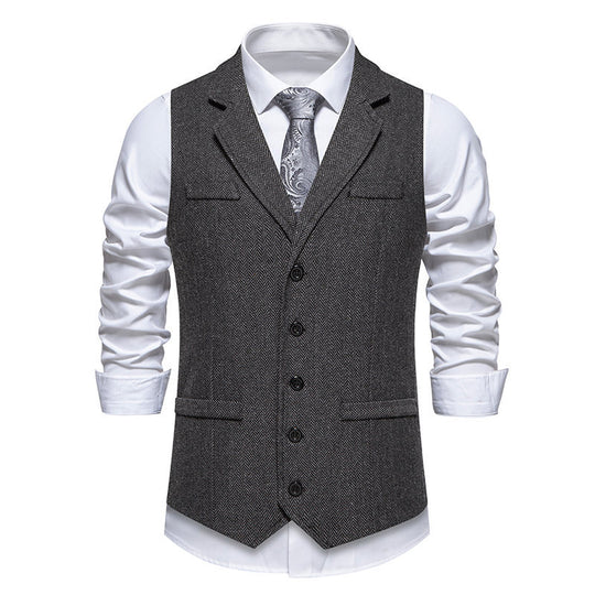 Herren Tweed-Weste mit Fischgrätmuster, Reverskragen und Pattentaschen Nord Taschen