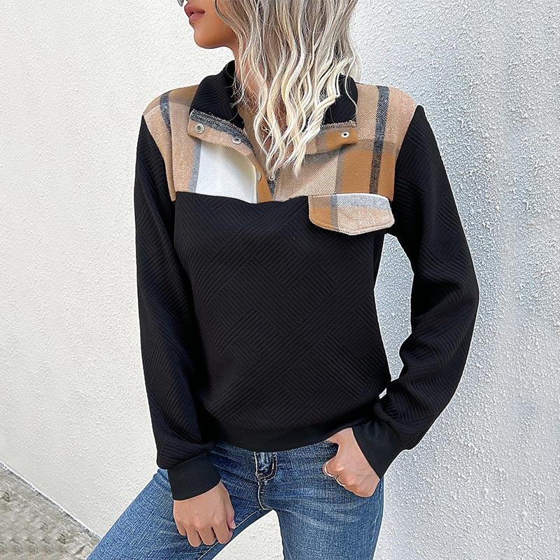 Damen Gestepptes Sweatshirt mit Karobesatz, Stehkragen und Druckknopfleiste Nord Taschen