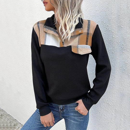 Damen Gestepptes Sweatshirt mit Karobesatz, Stehkragen und Druckknopfleiste Nord Taschen