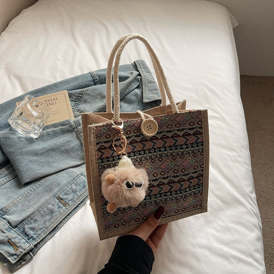 Damen Jute-Tragetasche mit dekorativem Ethno-Muster Nord Taschen