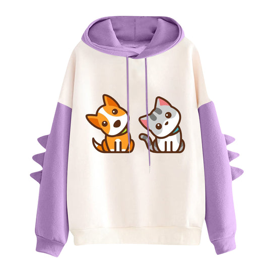 Damen nan Kapuzenpullover mit niedlichem Hunde‑und‑Katzen‑Print und 3D-Stacheln an den Ärmeln Nord Taschen