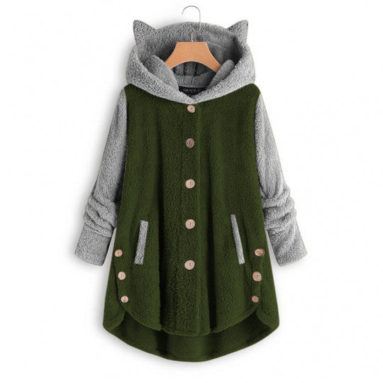 Damen Kuschelige Kapuzen‑Teddyjacke mit Katzenohren, Holzknopf‑Details und High‑Low‑Saum Nord Taschen