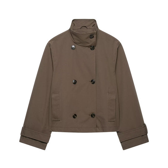 Damen Kurz geschnittener Doppelreihiger Trenchcoat mit Stehkragen und verstellbaren Ärmelriemen Nord Taschen