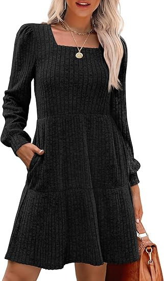 Damen Lässiges und elegantes Rippkleid mit langen Ärmeln Nord Taschen