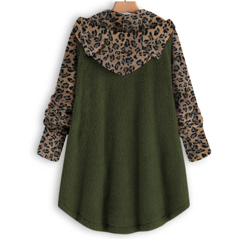 Damen Teddy‑Mantel mit Kapuze Knopfleiste und kontrastierenden Leopardenärmeln Nord Taschen