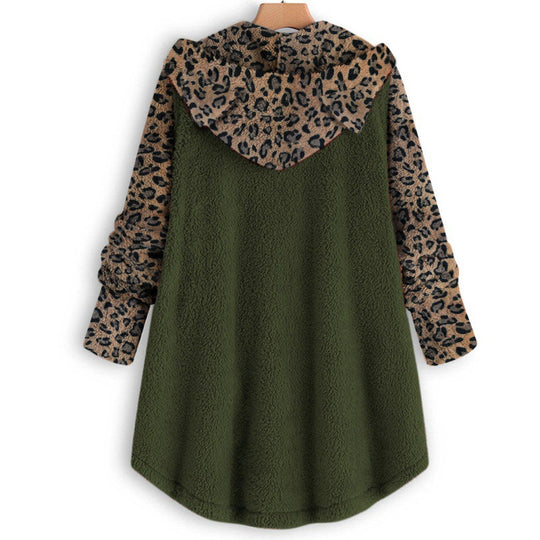 Damen Teddy‑Mantel mit Kapuze Knopfleiste und kontrastierenden Leopardenärmeln Nord Taschen