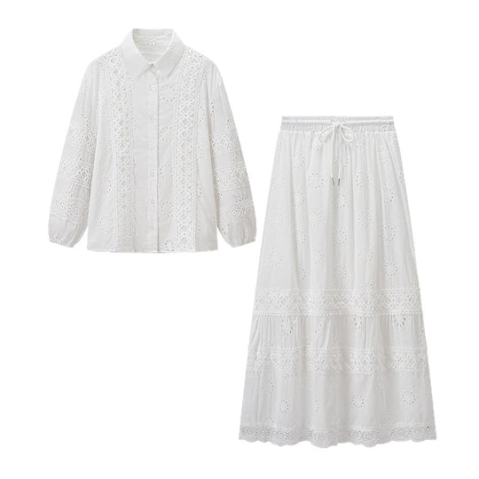 Damen Zweiteiliges Broderie-Anglaise-Set mit Hemdbluse und gestuftem Midirock Nord Taschen