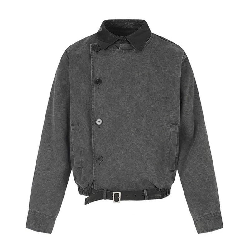 Herren Asymmetrische Canvas-Bomberjacke mit Lederriemen und Stehkragen Nord Taschen