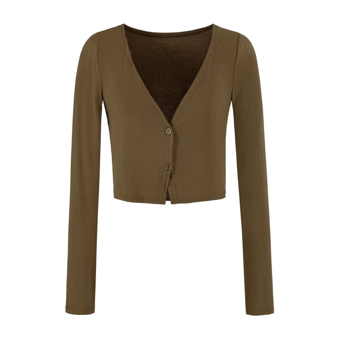 Damen Kurzer Feinstrick-Cardigan mit tiefem V-Ausschnitt und knöpfbarer Front Nord Taschen