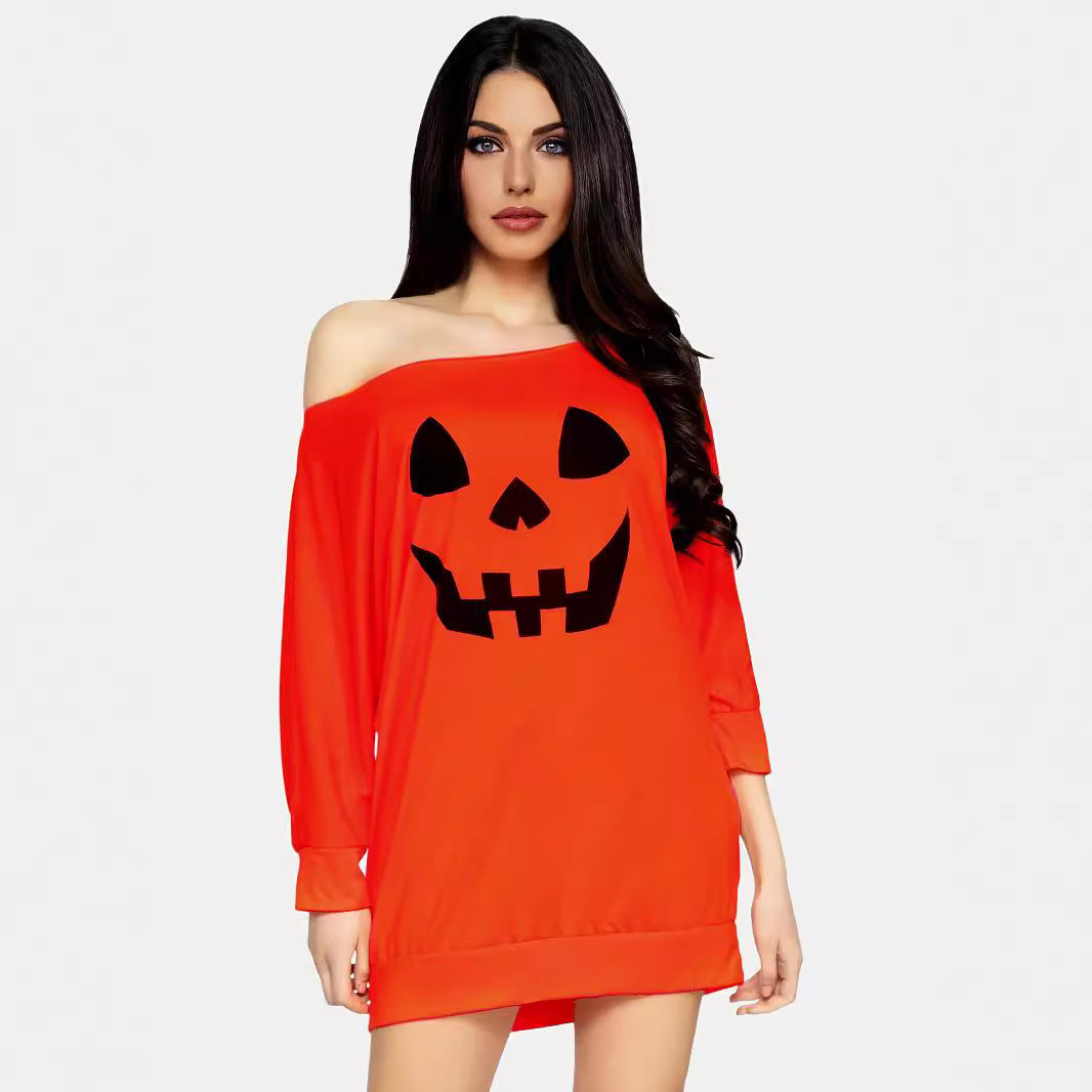 Damen Oversize Off-Shoulder Strickpullover mit Halloween-Kürbismotiv Nord Taschen