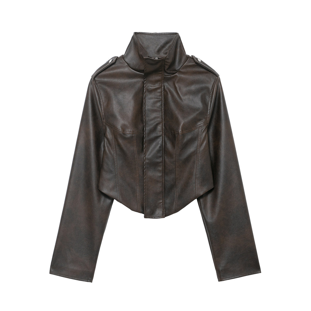 Damen Kurzjacke aus Lederimitat mit hohem Stehkragen, Schulterklappen und taillierter Silhouette Nord Taschen