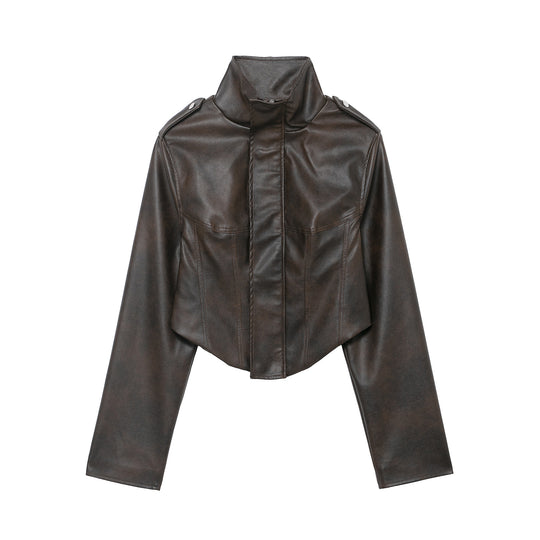 Damen Kurzjacke aus Lederimitat mit hohem Stehkragen, Schulterklappen und taillierter Silhouette Nord Taschen